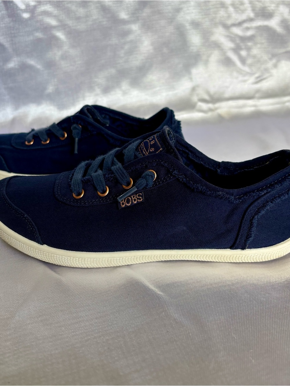 Skechers BOBS Womens’ Navy Canvas Lace-Up Sneakers with White Sole